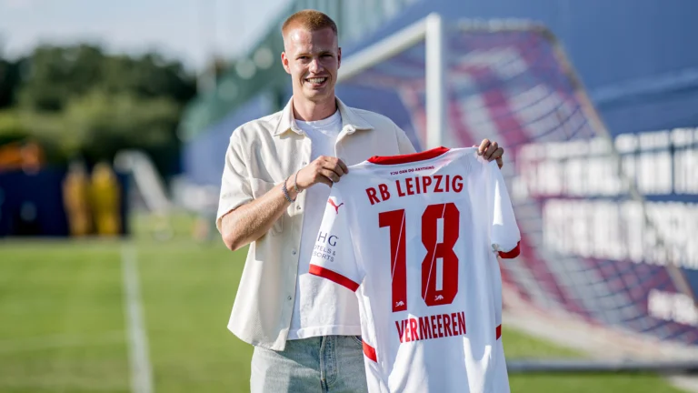 Belgian midfielder Arthur Vermeeren showing RB Leipzig shirt amid Manchester United transfer interest