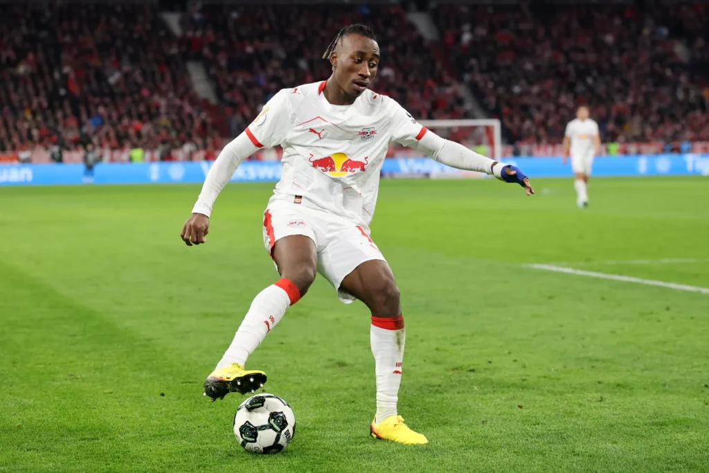 Yan Diomande in action for RB Leipzig as Bundesliga transfer window interest grows
