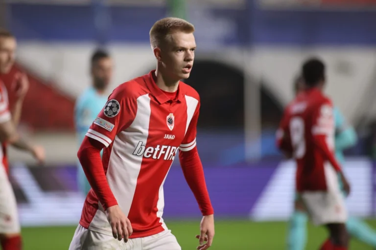 Arthur Vermeeren in action for Royal Antwerp in the Champions League against Barcelona, December 2023